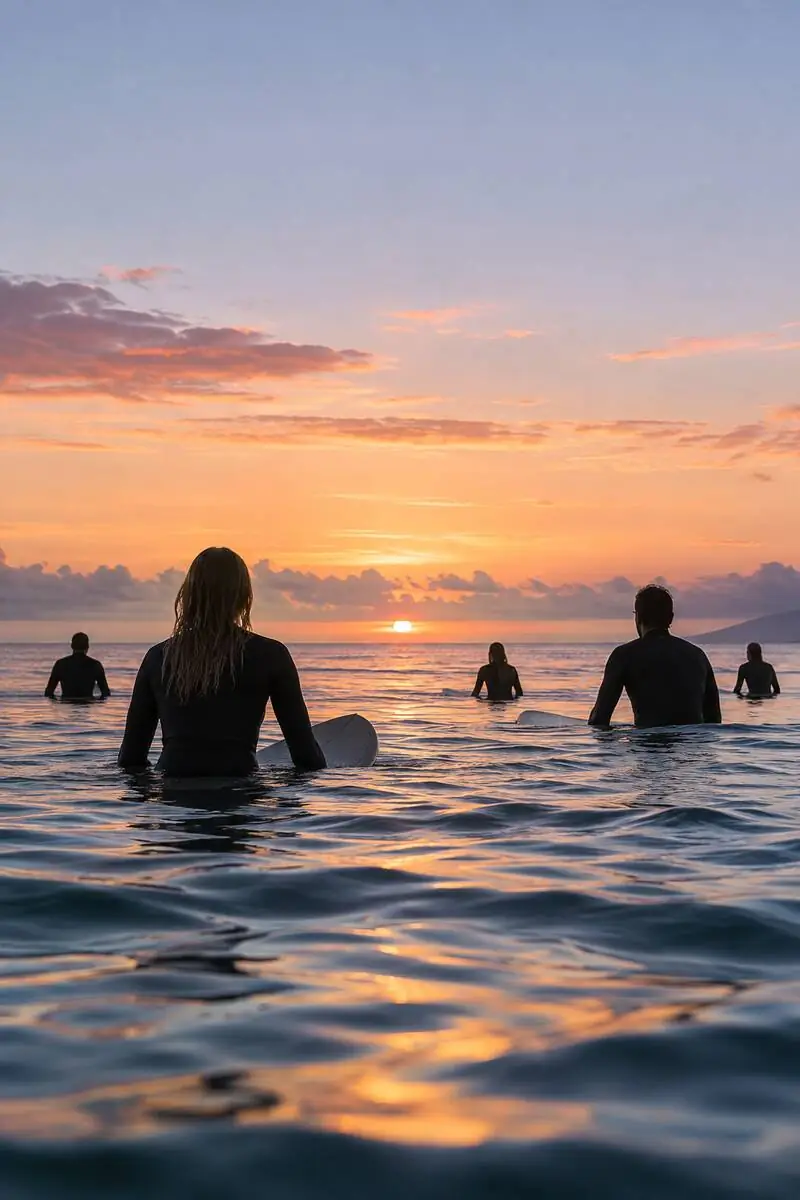 Surfers sitting in the line-up at dawn waiting for a set on an Australian point break