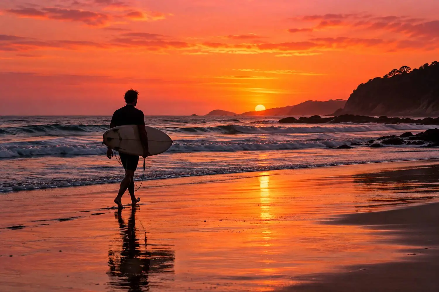 A lone surfer walking the shoreline at dusk on an Australian beach