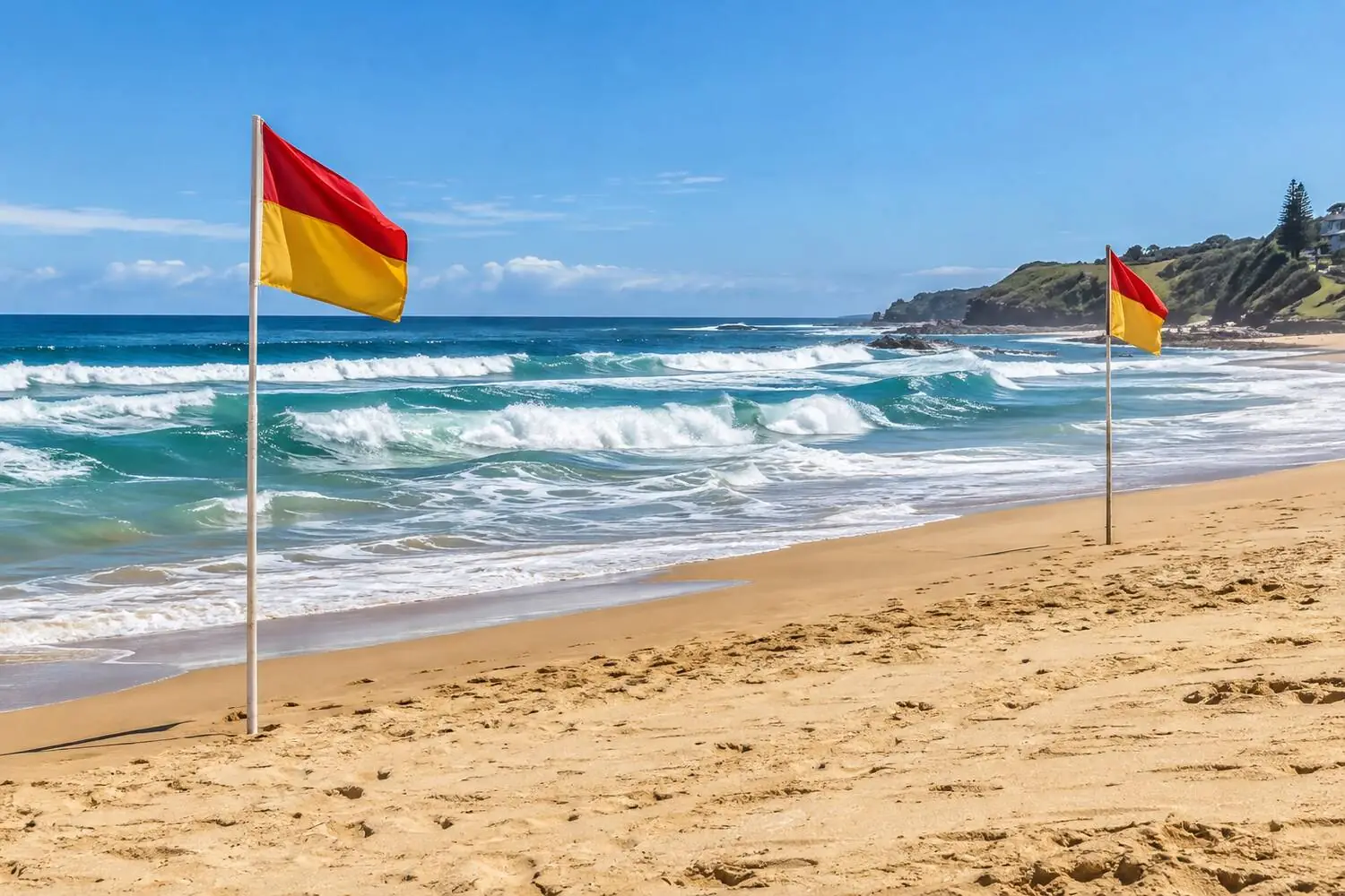Red and yellow surf lifesaving flags on a wide Australian patrolled beach