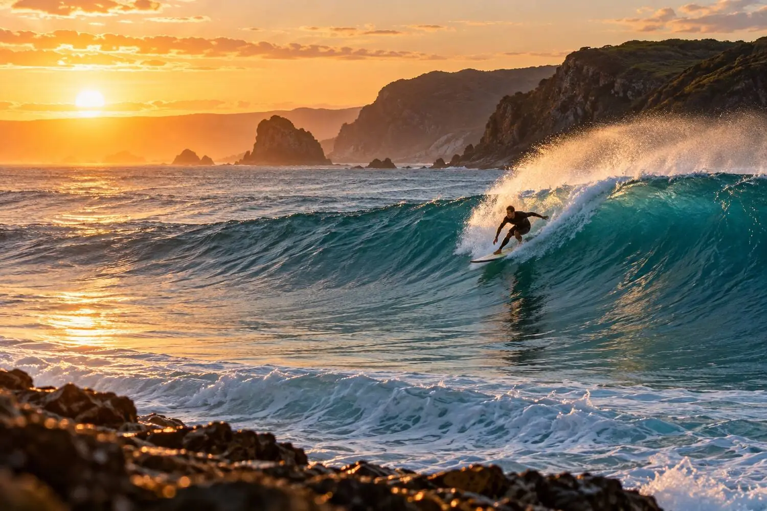 A surfer riding the face of a clean right-hand wave at dawn on the Australian coast