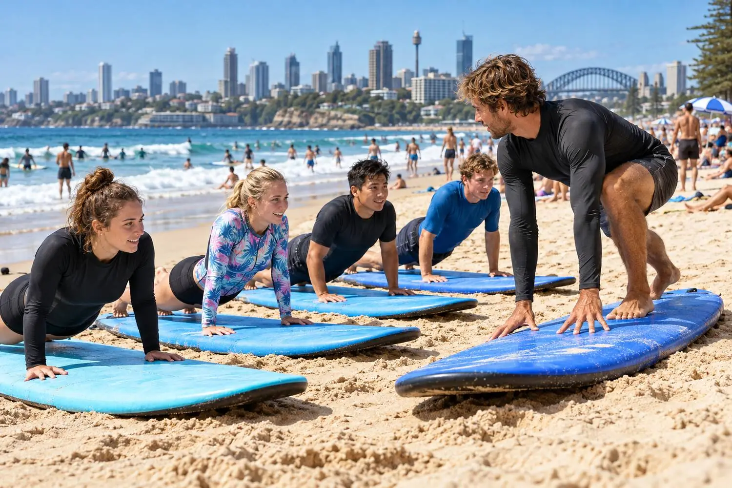 A beginner surf lesson on the sand at Bondi Beach