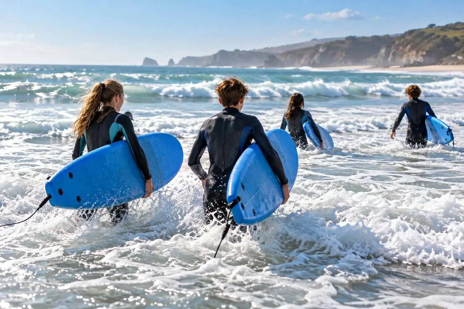 Surf students carrying soft boards into the water at Manly Beach