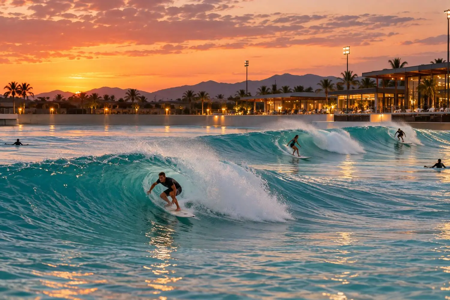 Surfers riding machine-made waves in the URBNSURF lagoon surf park