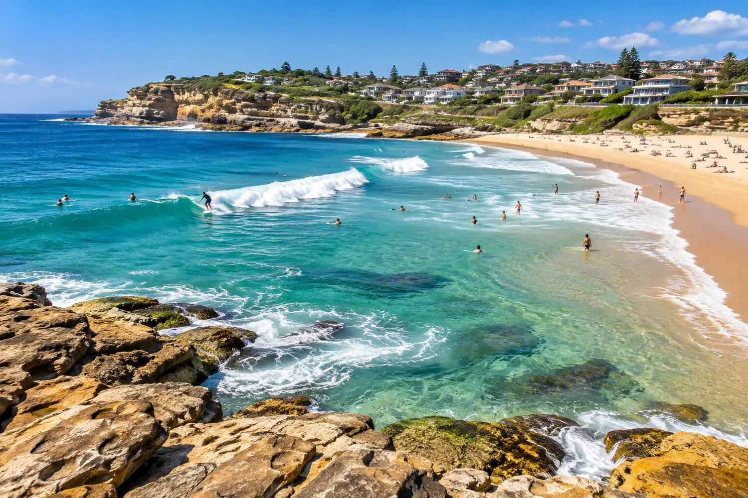 Surfers in the beach break at Bondi Beach, Sydney