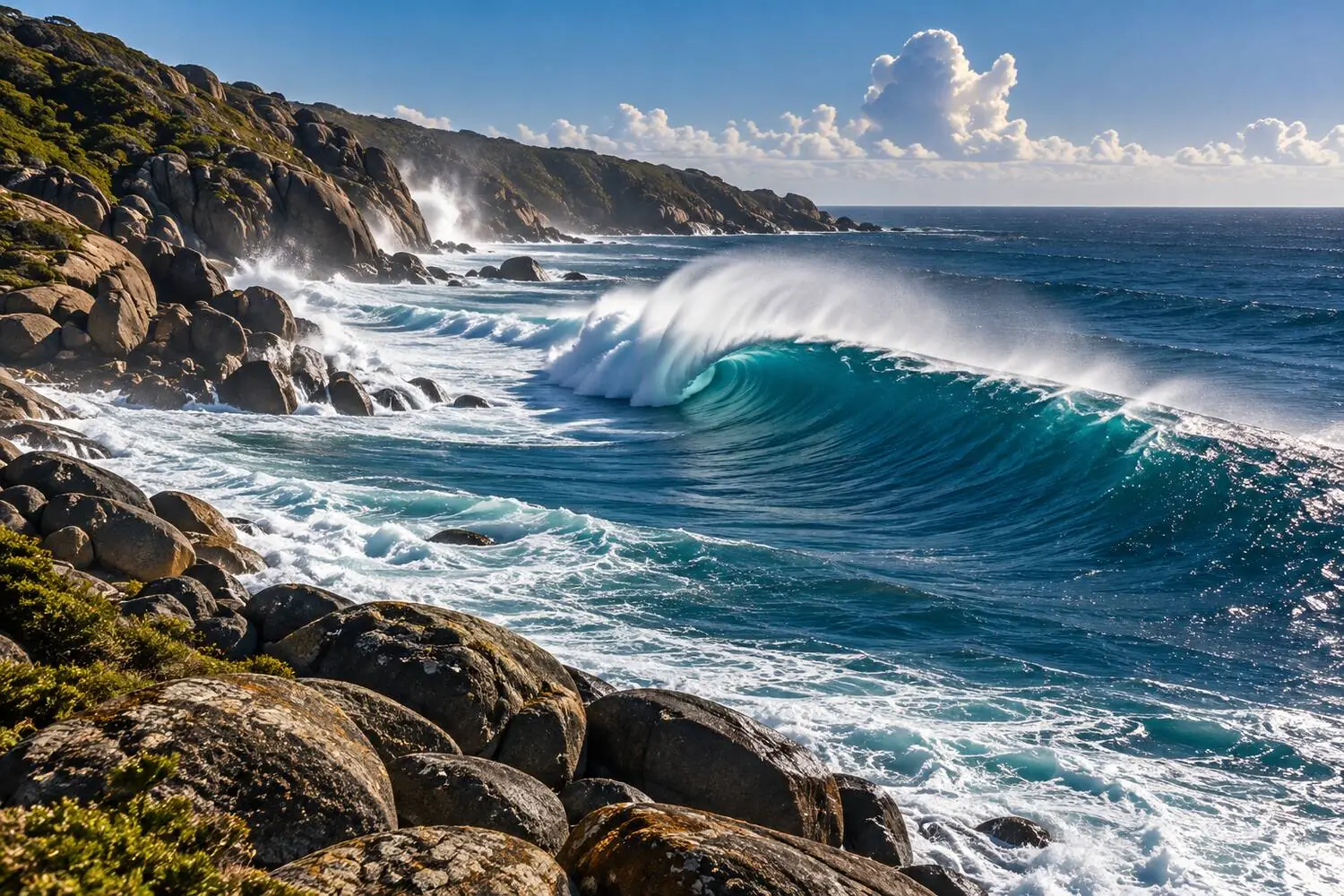 A long right point break over boulders at Lennox Head, Northern NSW