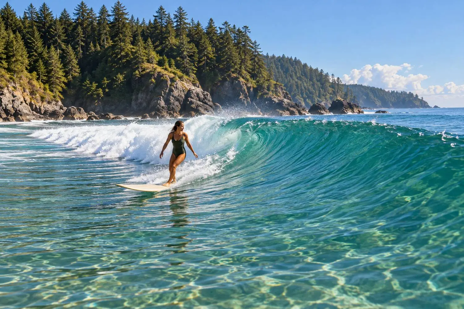 A long, gentle point wave wrapping around the headland at Noosa in warm morning light