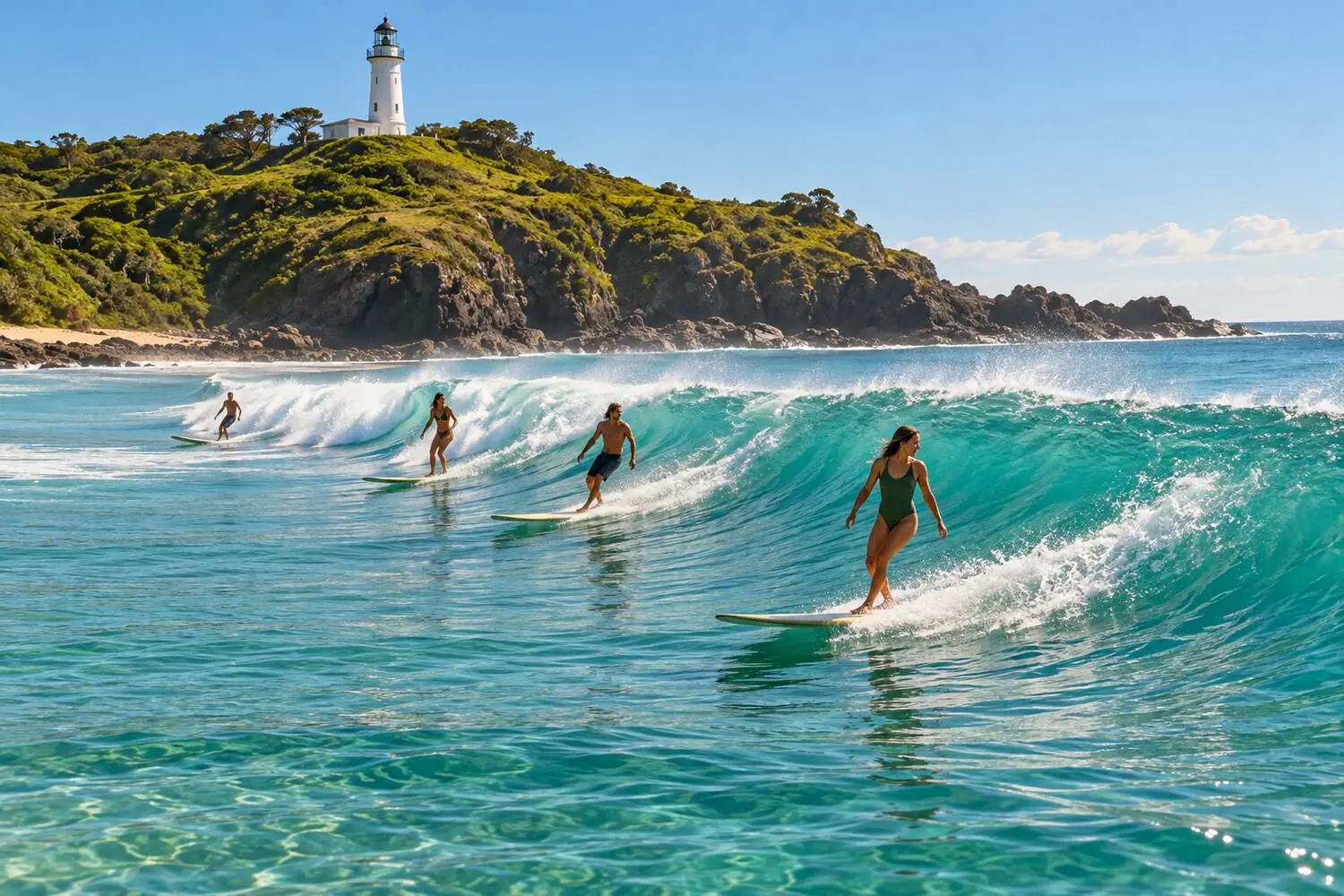 Longboarders riding the long right-hand point at The Pass, Byron Bay, with the lighthouse headland behind