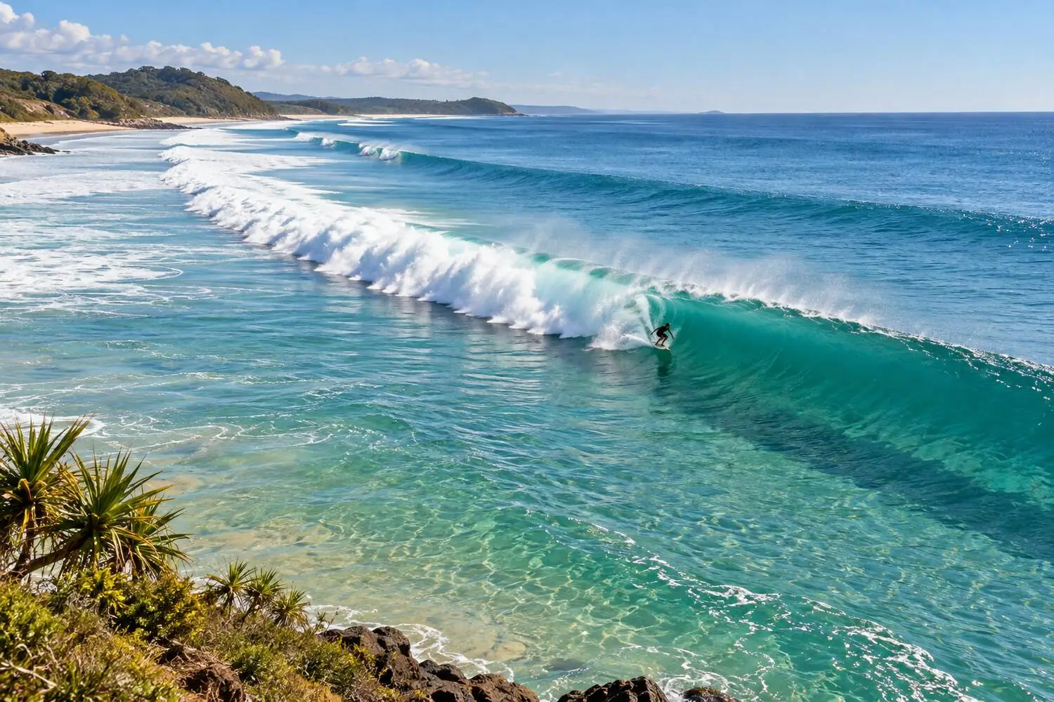 A long sand-bottom point wave reeling down the Superbank at Snapper Rocks on the Gold Coast